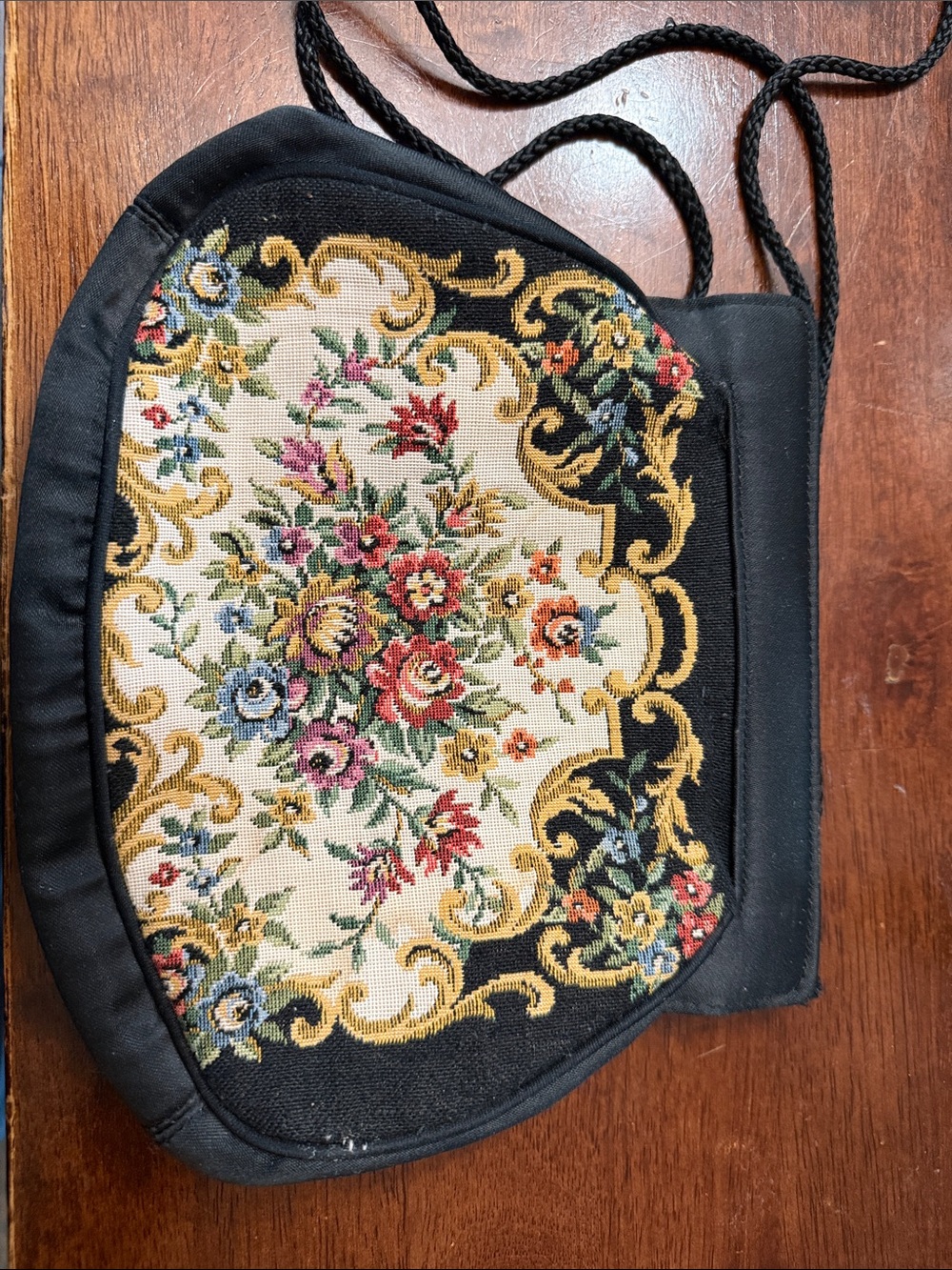 La Regale Black Tapestry Crossbody with Multicolor Floral Embroidery vintage